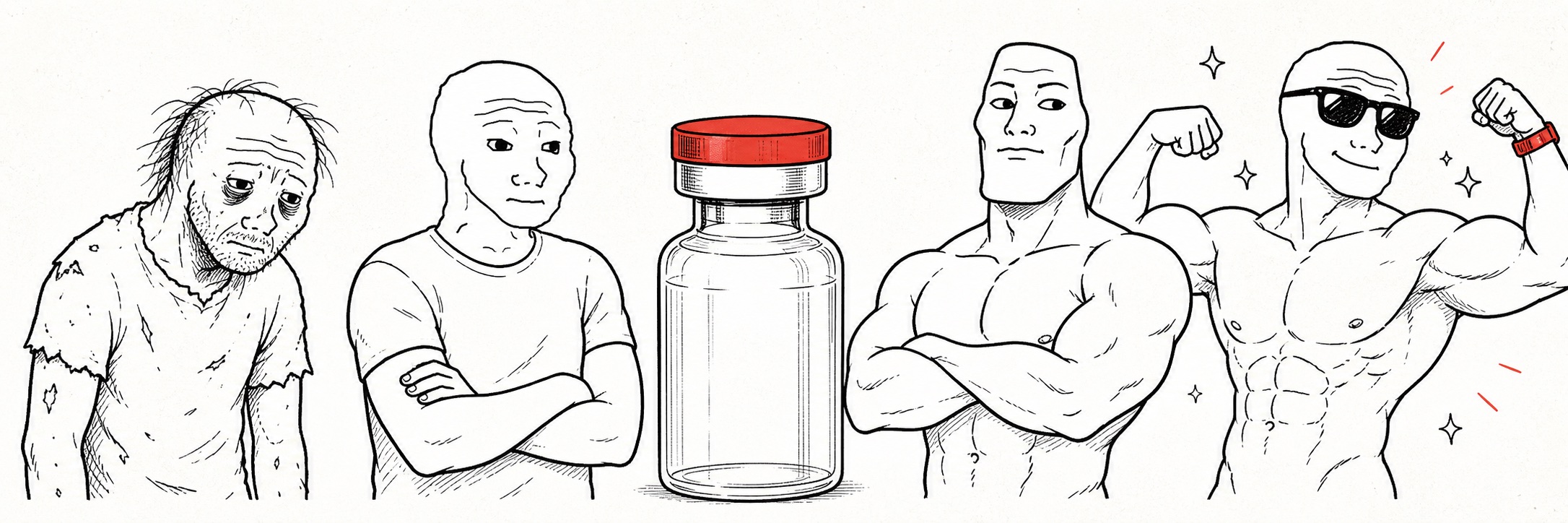 Four Wojak-style RETA holders progressing from exhausted to rewarded around a red-capped vial